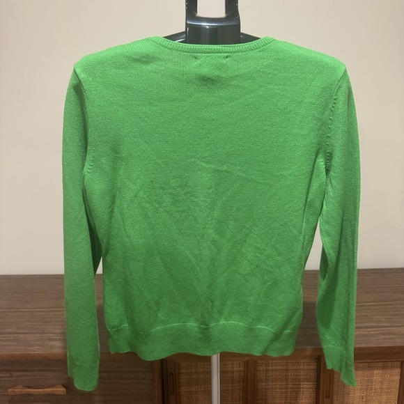 Green Cardigan Sweater Floral Appliqué Rhinestone Buttons Large Romantic Preppy - Picture 7 of 8